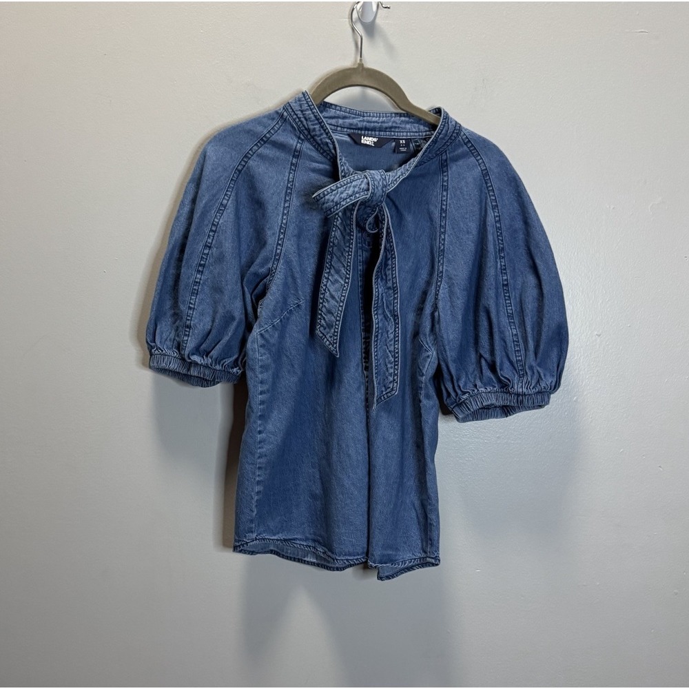 Lands‎ End Top Blue Denim Tie Collar Size XS/2-4 Women's 100% Cotton Blouse
